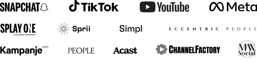 Snapchat, TikTok, YouTube, Meta, Splay One, Sprii, Simpl, Eccentric People, Kampanje, Egmont People, Channel Factory, MAX Social